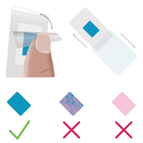 Image shows how to open the inner pack and to check that the pad is entirely blue