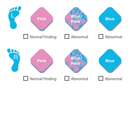 Image shows the results card for Neuropad with lanes for both the left and right foot. The patient may tick pink, pink and blue mixed or blue as the results for each foot.