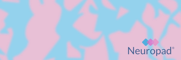 Schematic of a blue / pink Neuropad patch with the Neuropad logo on top