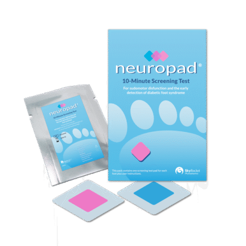 A Neuropad cardboard pack with the inner foil sleeve and two Neuropad illustrations