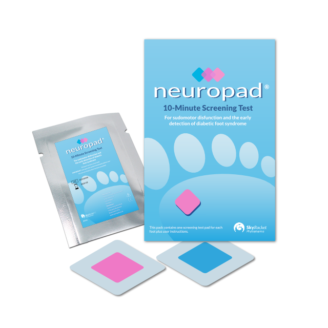 A Neuropad cardboard pack with the inner foil sleeve and two Neuropad illustrations
